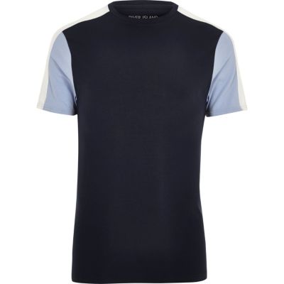 Navy colour block muscle fit T-shirt